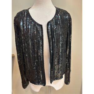 Cristal Collection XL Black breasted silk open front long sleeve blazer
